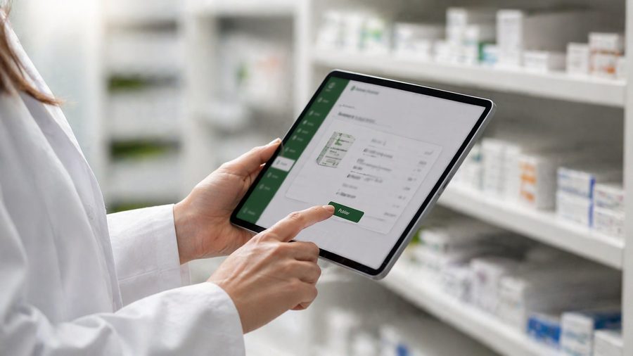 Pharmacienne hospitalière publiant une annonce de médicament à péremption courte sur la plateforme MedExpire depuis une tablette